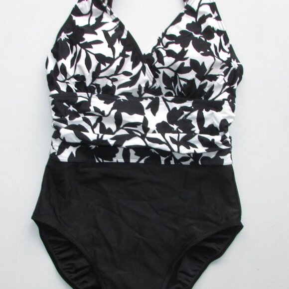 BODY ID Black White Floral 1 Piece Swimsuit - Sz 8 - NEW - Picture 2 of 11